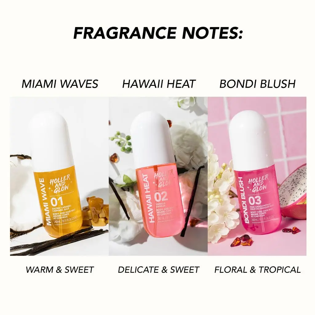 Holler and Glow Hawaii Heat body and hair mist with a warm vanilla, peony, and amber scent for a long-lasting, vegan, and cruelty-free daily fragrance.