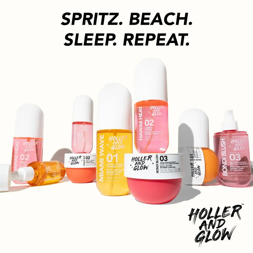 Holler and Glow Hawaii Heat body and hair mist with a warm vanilla, peony, and amber scent for a long-lasting, vegan, and cruelty-free daily fragrance.