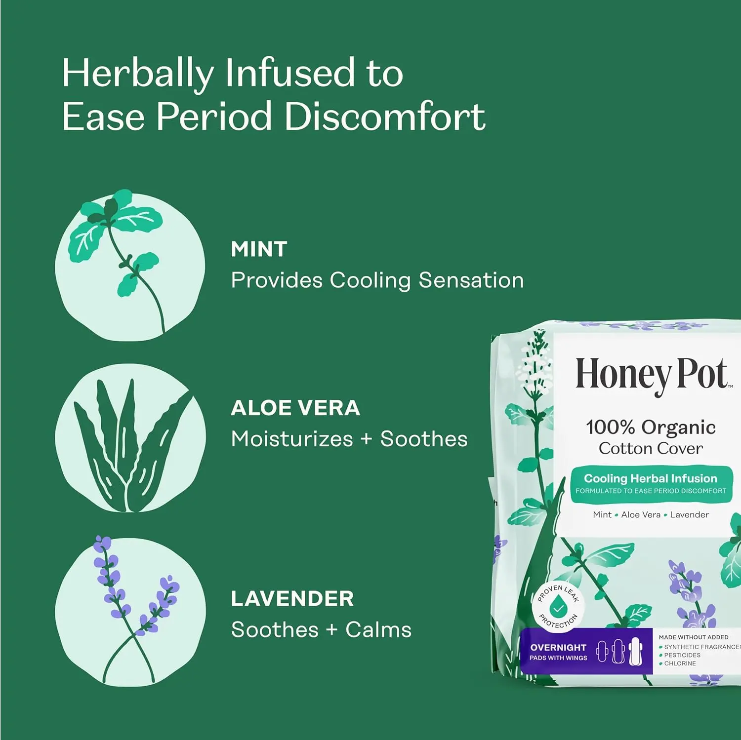 The Honey Pot overnight herbal menstrual pads with wings offer natural odor control, dryness relief, and comfortable protection for sensitive skin.