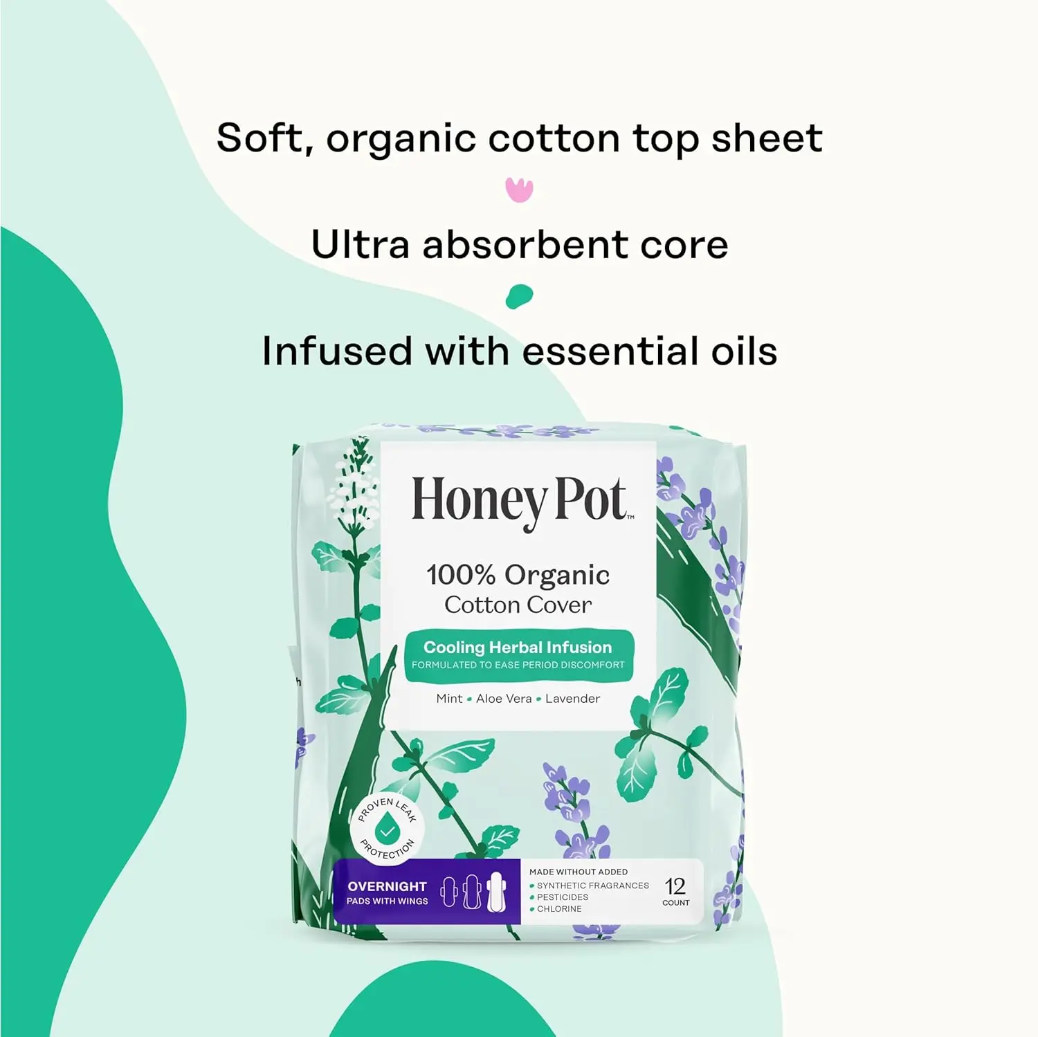 The Honey Pot overnight herbal menstrual pads with wings offer natural odor control, dryness relief, and comfortable protection for sensitive skin.