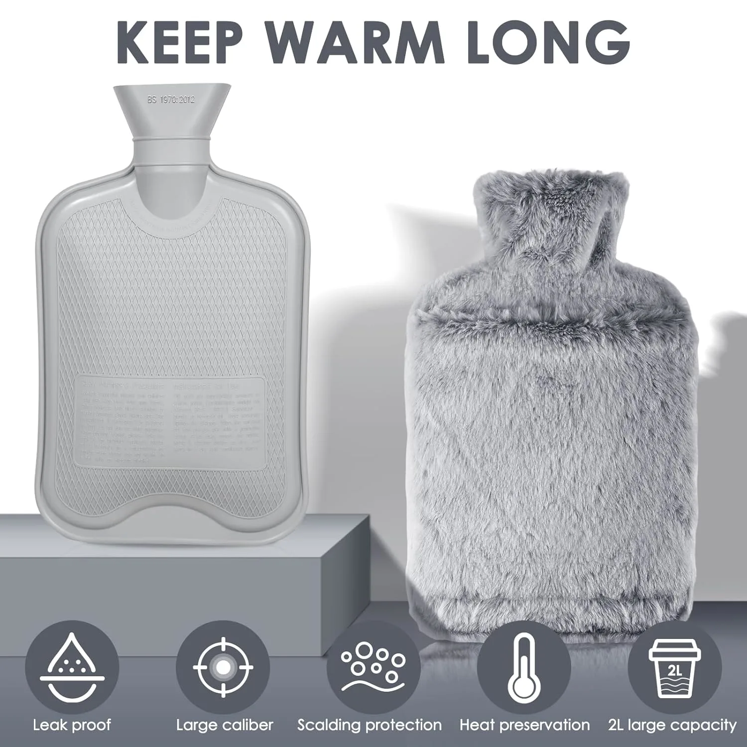 Hot Water Bottle with Kangaroo Pocket - 2L Grey - Image 3
