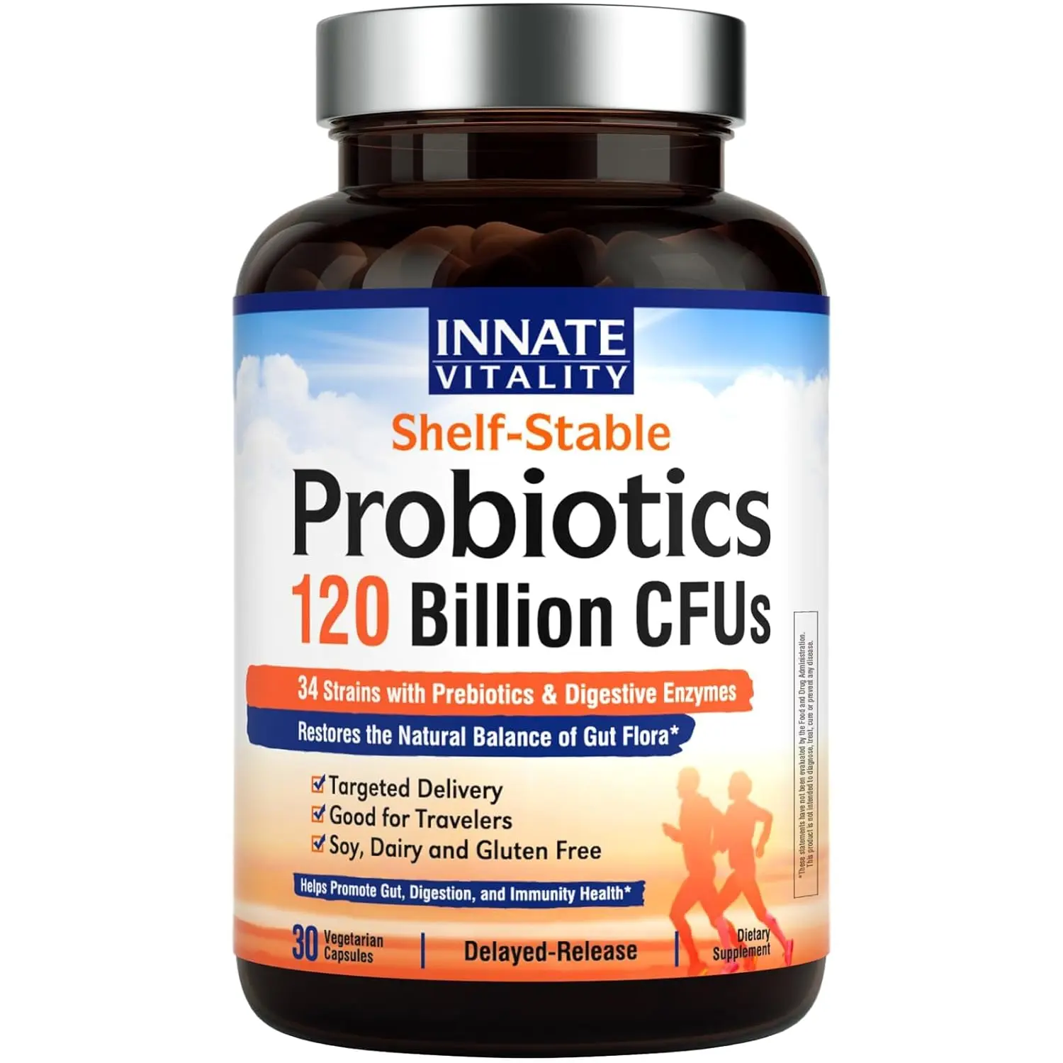 Bottle of Innate Vitality 3-in-1 Probiotics with 120 Billion CFUs, 34 Strains, Organic Prebiotics and Digestive Enzymes promoting digestion and immunity health for both women and men.