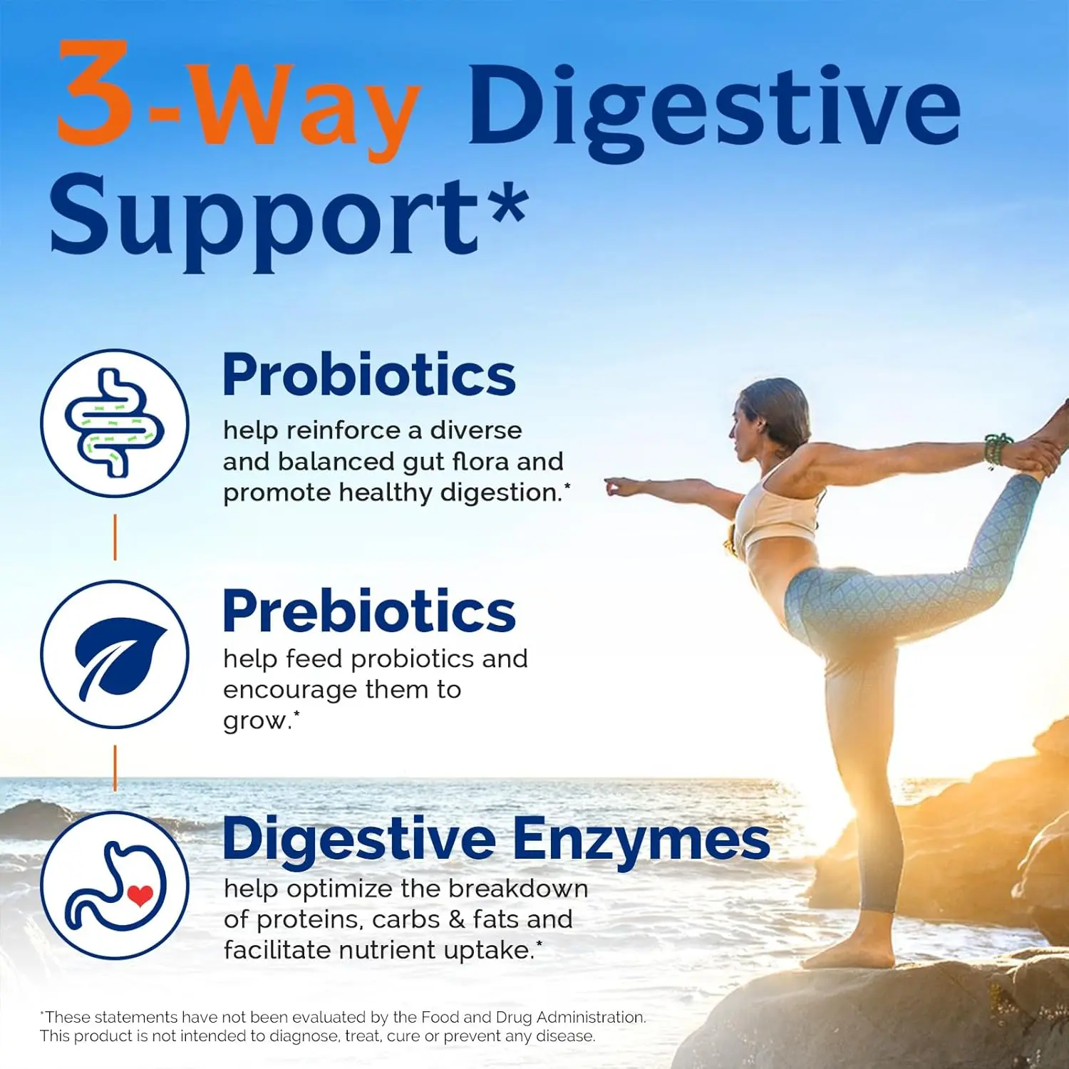 Bottle of Innate Vitality 3-in-1 Probiotics with 120 Billion CFUs, 34 Strains, Organic Prebiotics and Digestive Enzymes promoting digestion and immunity health for both women and men.