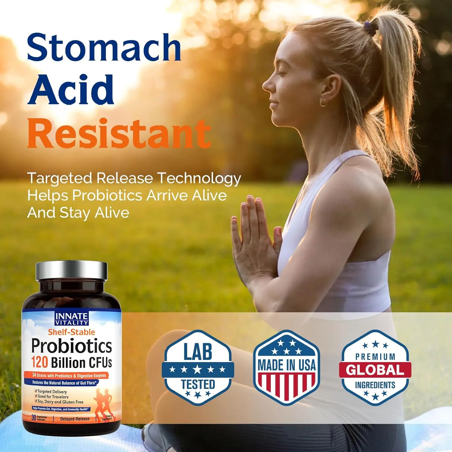 Bottle of Innate Vitality 3-in-1 Probiotics with 120 Billion CFUs, 34 Strains, Organic Prebiotics and Digestive Enzymes promoting digestion and immunity health for both women and men.