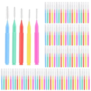 This set includes 100 colorful interdental brushes for cleaning between teeth and maintaining healthy gums, perfect for braces and daily oral hygiene.
