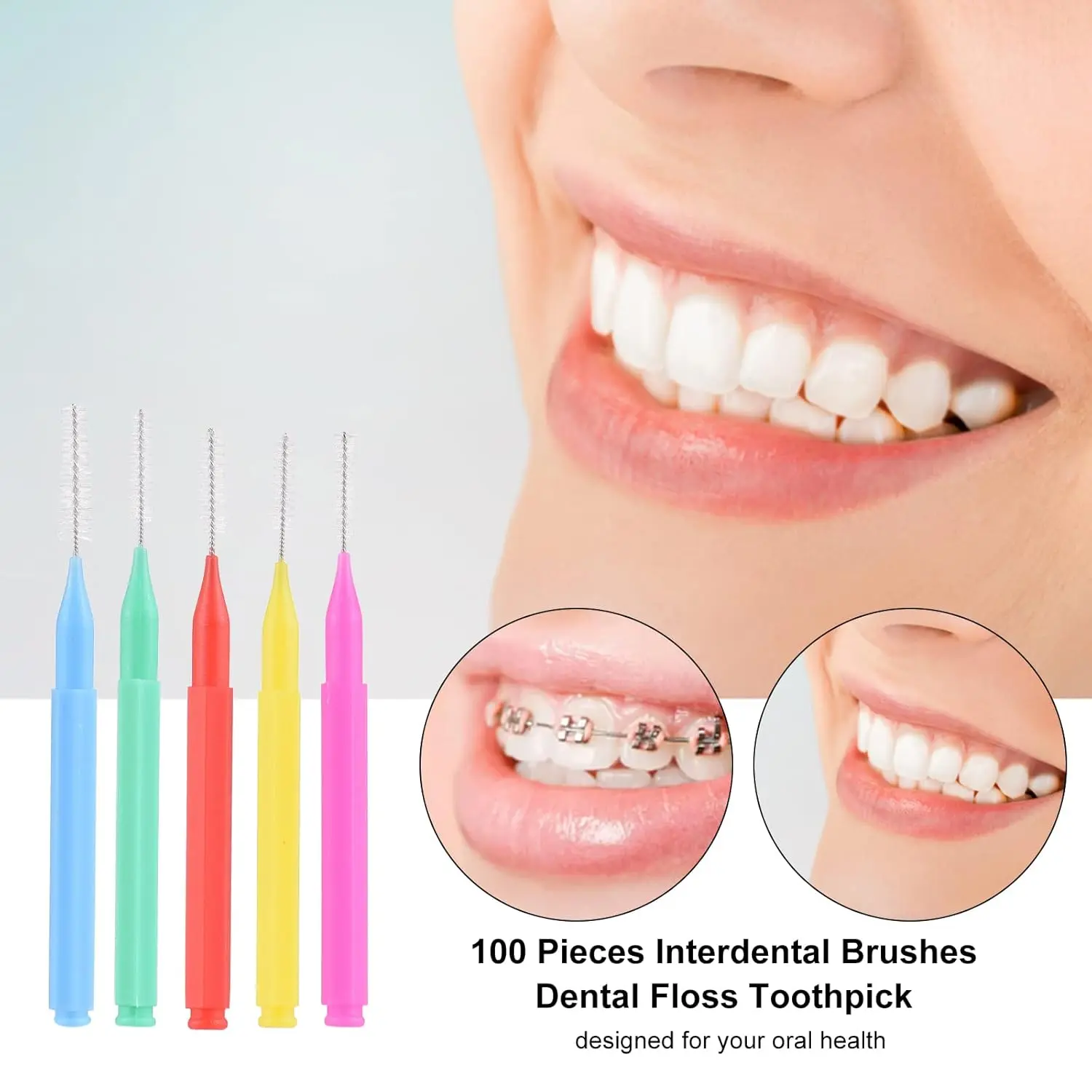 This set includes 100 colorful interdental brushes for cleaning between teeth and maintaining healthy gums, perfect for braces and daily oral hygiene.