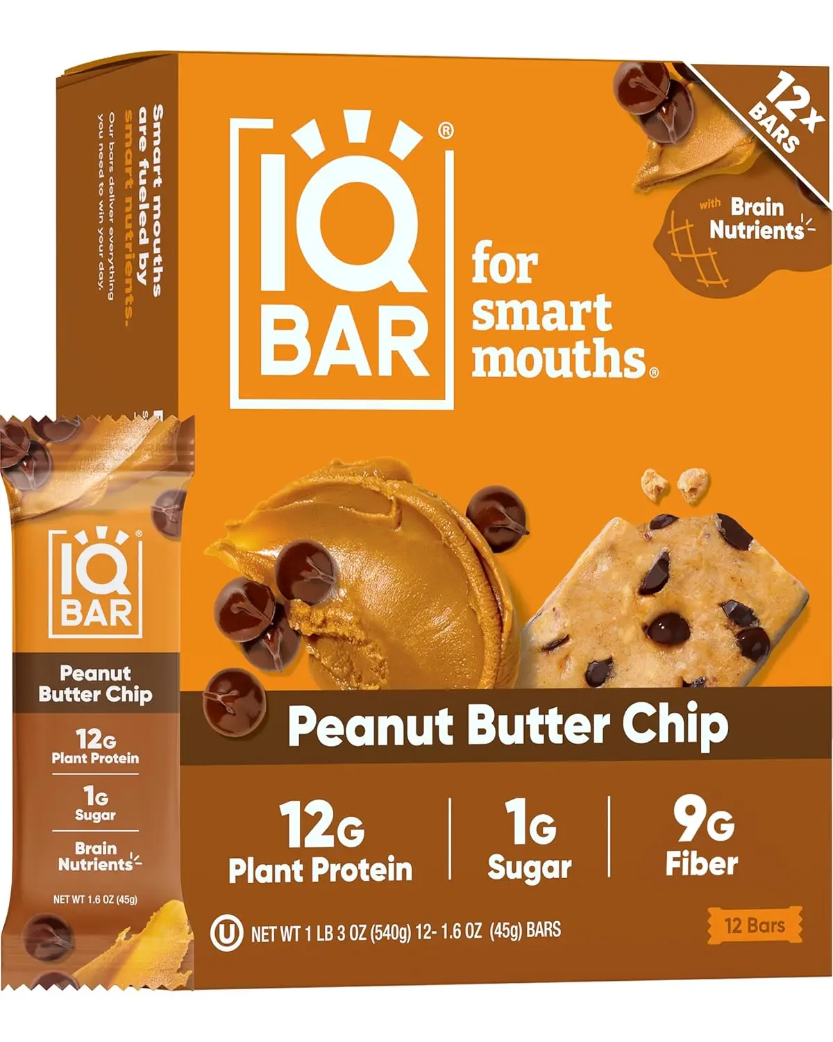 A box of IQ BAR Peanut Butter Chip brain and body nutrition bars, a keto and vegan friendly snack with 11g of plant protein, less than 1g of sugar, and only 4g net carbs.