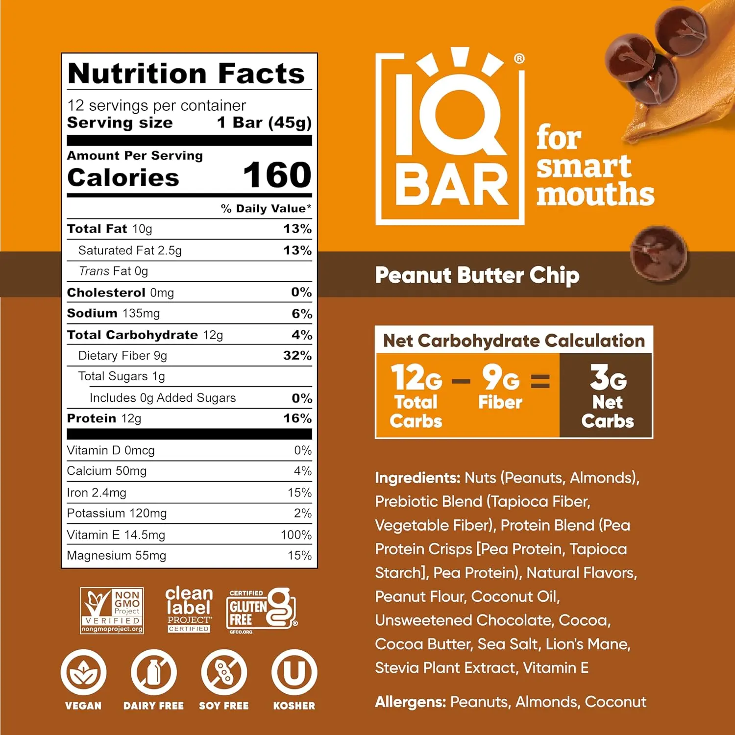 A box of IQ BAR Peanut Butter Chip brain and body nutrition bars, a keto and vegan friendly snack with 11g of plant protein, less than 1g of sugar, and only 4g net carbs.