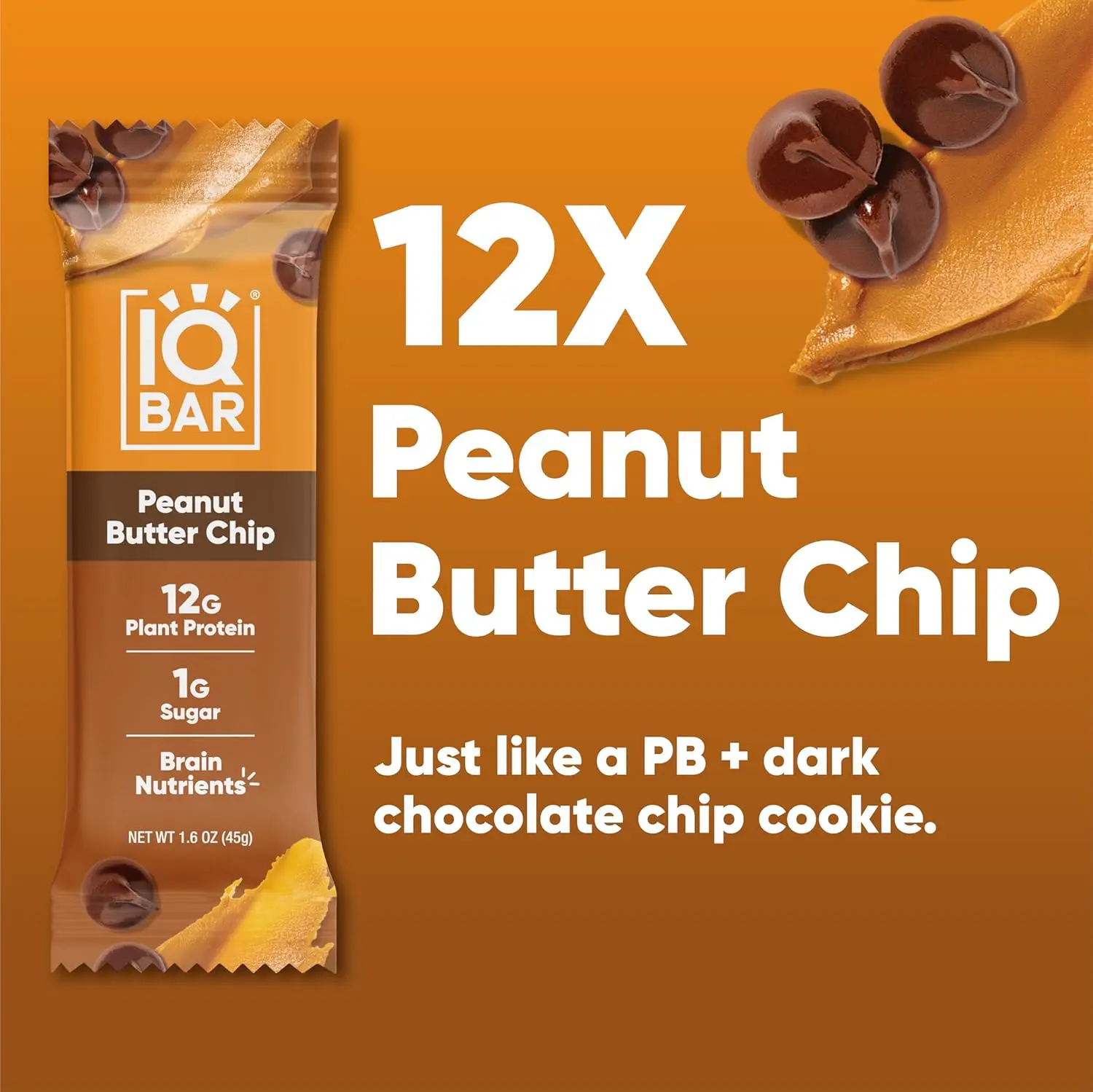 A box of IQ BAR Peanut Butter Chip brain and body nutrition bars, a keto and vegan friendly snack with 11g of plant protein, less than 1g of sugar, and only 4g net carbs.