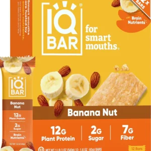 A box of IQBAR Banana Nut keto protein bars provides a healthy and delicious low-carb, vegan snack packed with brain-boosting nutrients and plant-based protein.
