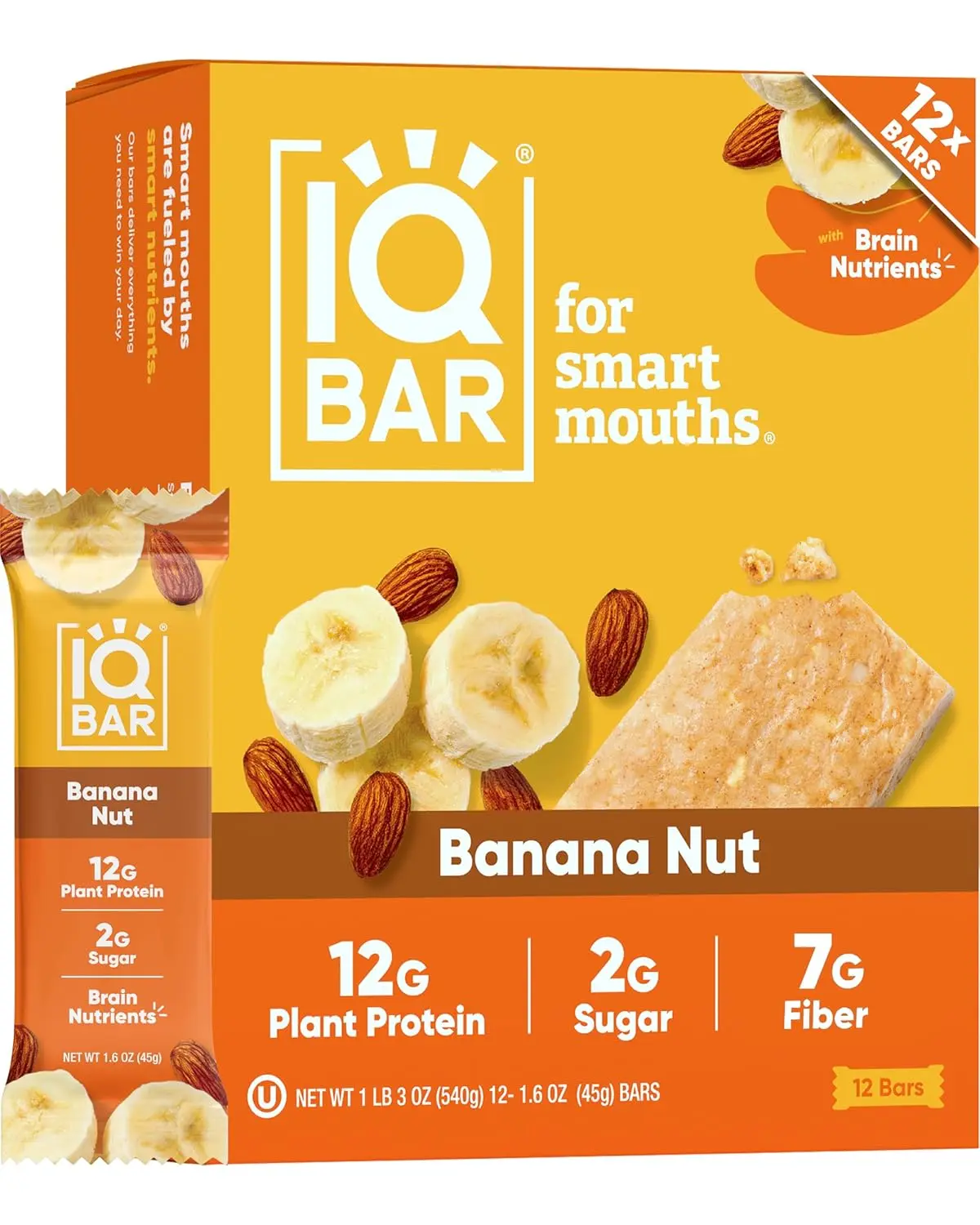 A box of IQBAR Banana Nut keto protein bars provides a healthy and delicious low-carb, vegan snack packed with brain-boosting nutrients and plant-based protein.