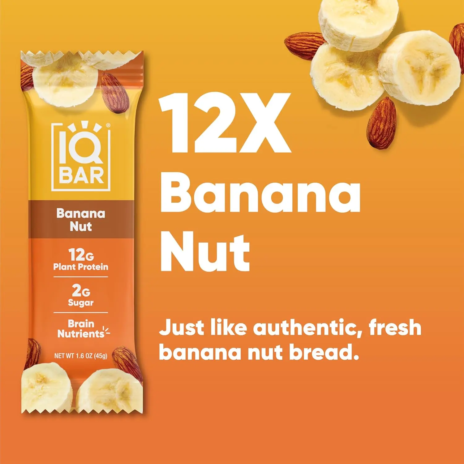 A box of IQBAR Banana Nut keto protein bars provides a healthy and delicious low-carb, vegan snack packed with brain-boosting nutrients and plant-based protein.