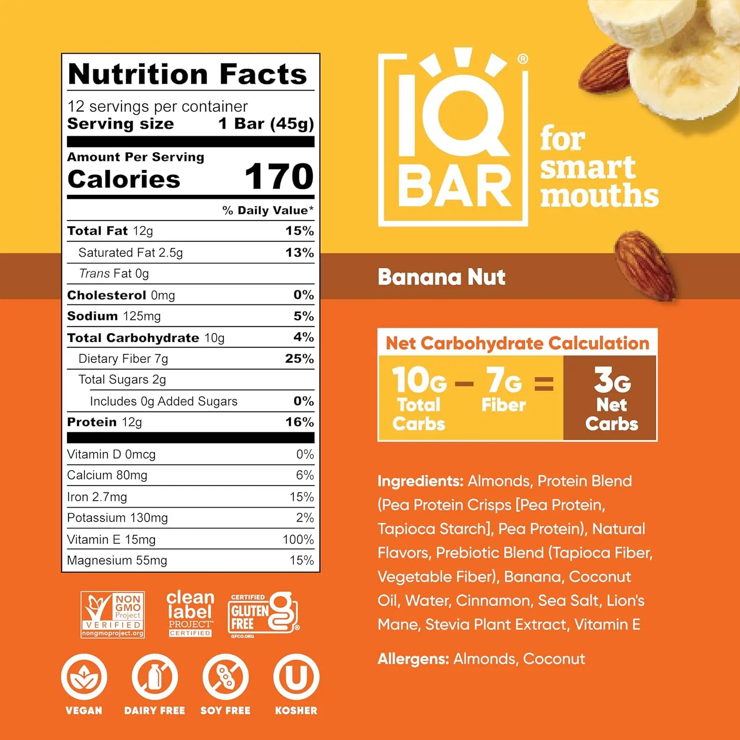 A box of IQBAR Banana Nut keto protein bars provides a healthy and delicious low-carb, vegan snack packed with brain-boosting nutrients and plant-based protein.
