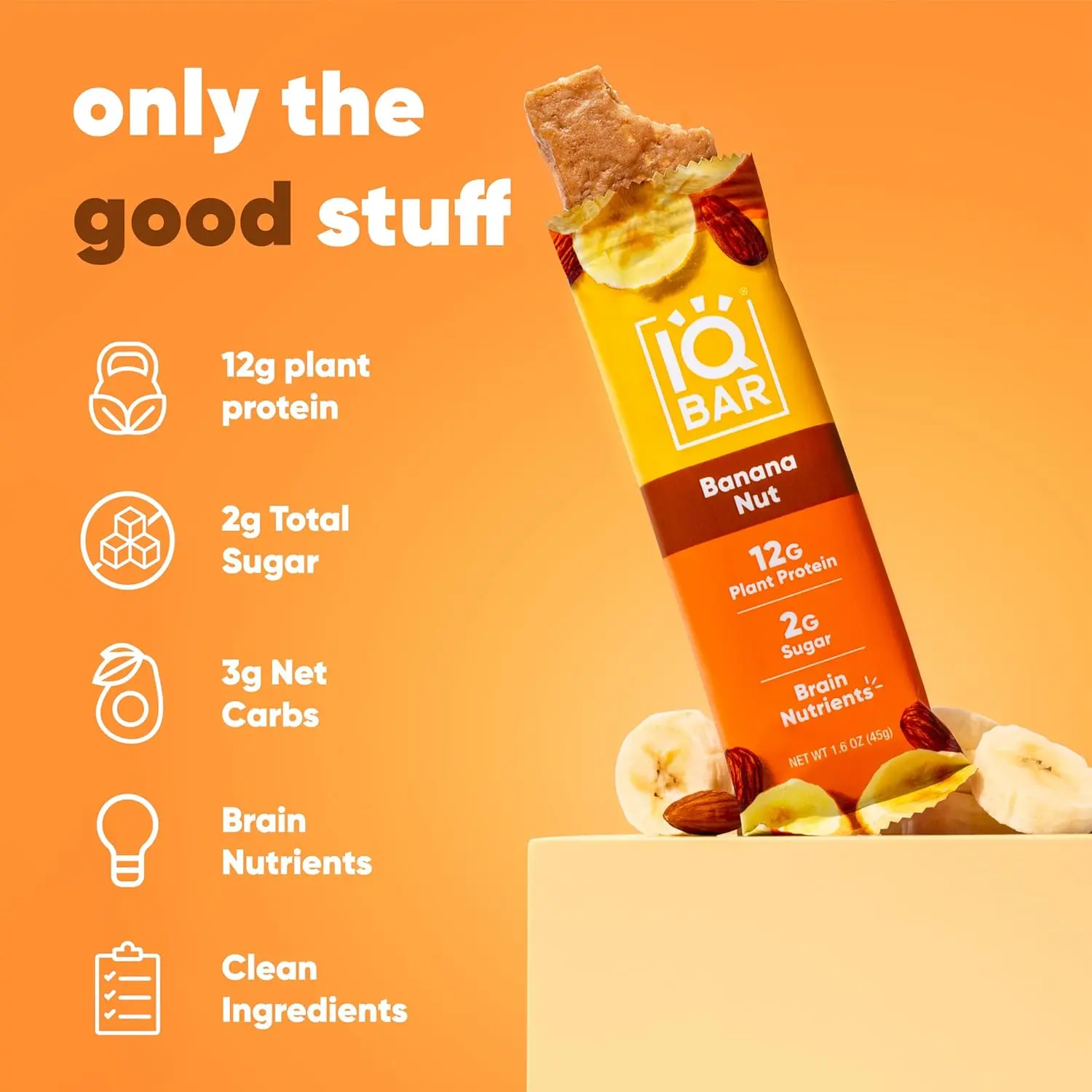 A box of IQBAR Banana Nut keto protein bars provides a healthy and delicious low-carb, vegan snack packed with brain-boosting nutrients and plant-based protein.