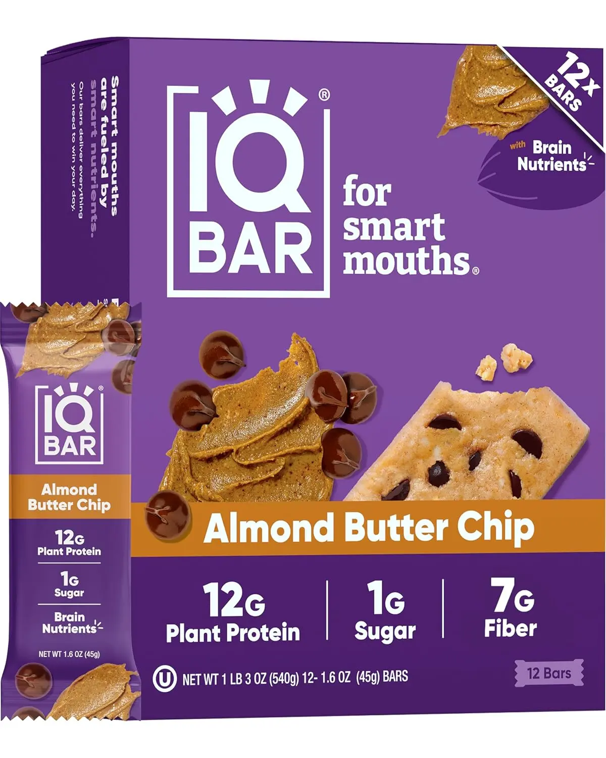 Twelve IQBAR Almond Butter Chip keto protein bars, a vegan and gluten-free snack with only 3g net carbs and brain-boosting nutrients.
