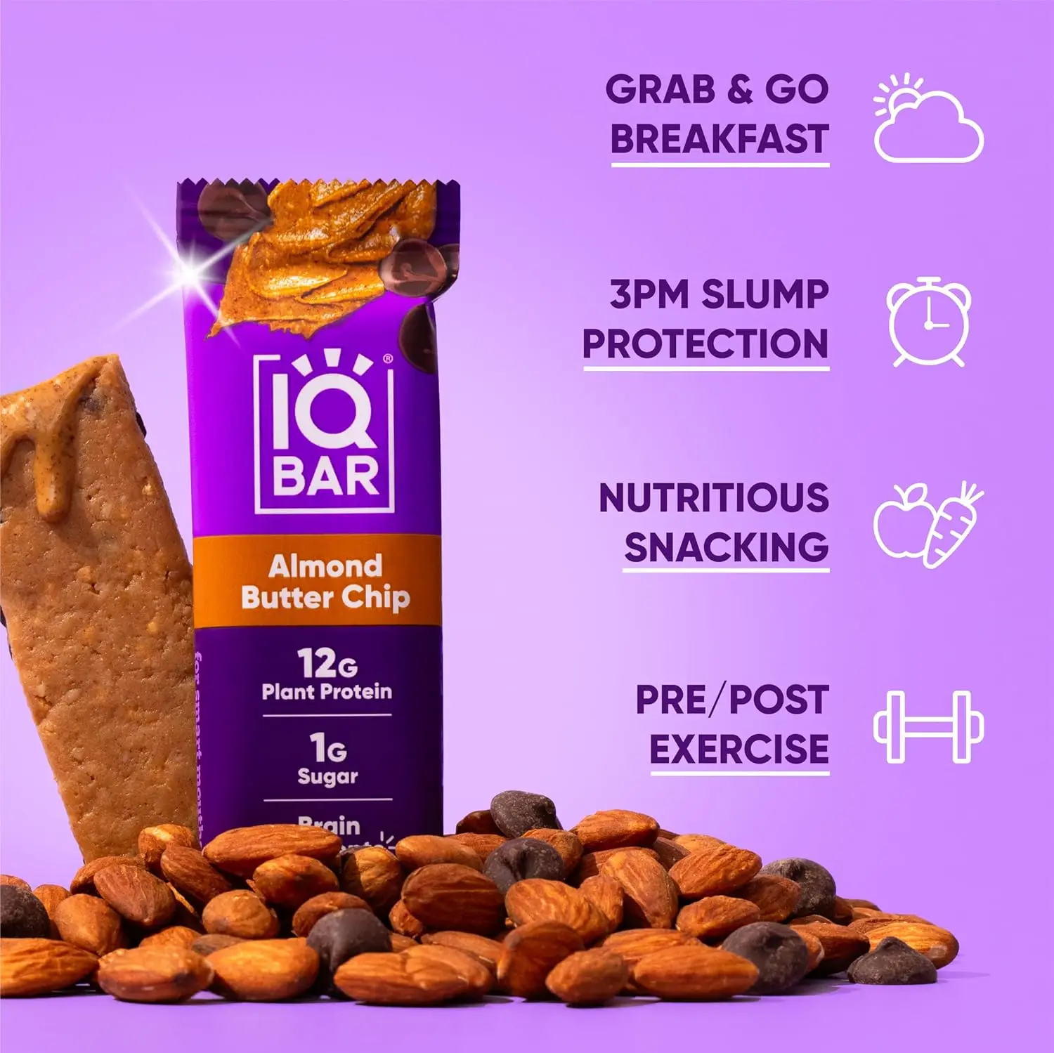 Twelve IQBAR Almond Butter Chip keto protein bars, a vegan and gluten-free snack with only 3g net carbs and brain-boosting nutrients.