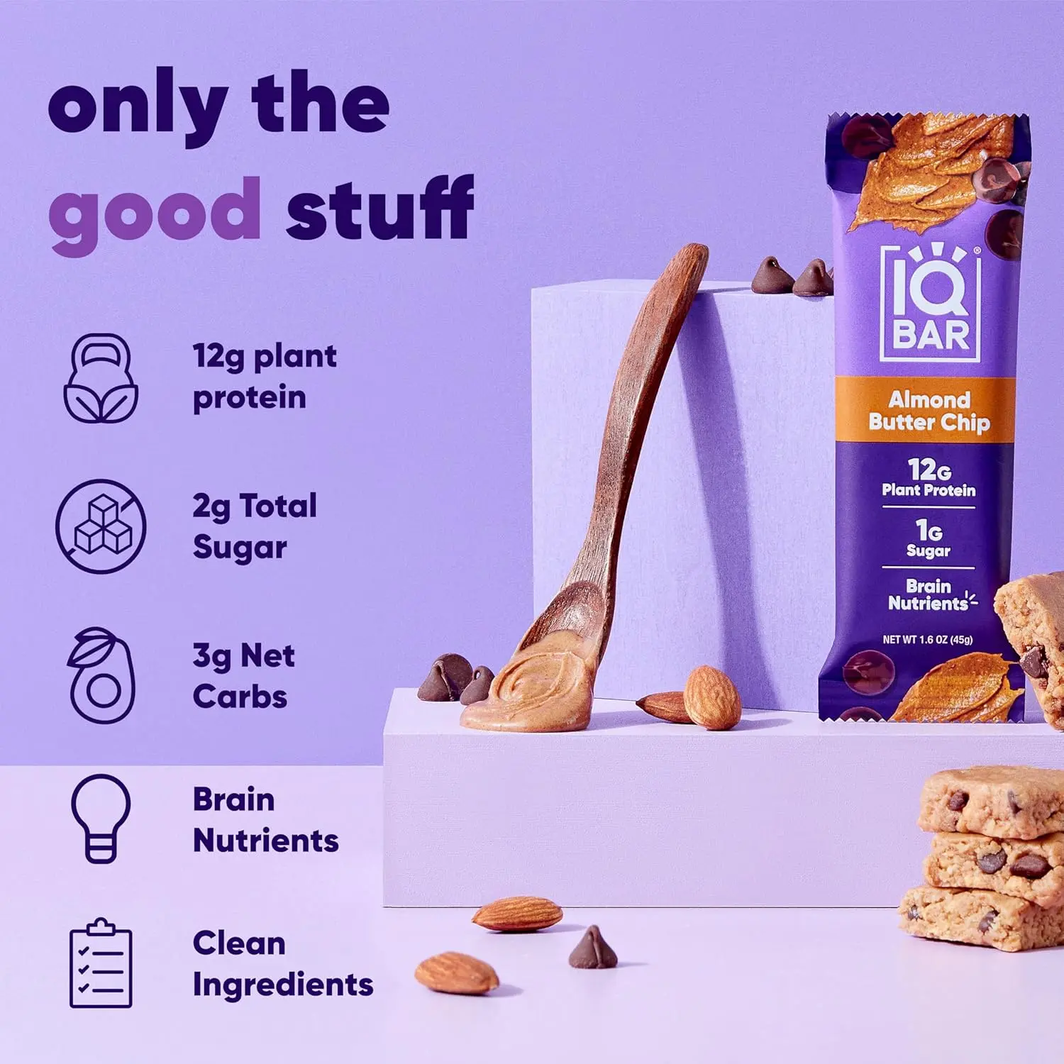 Twelve IQBAR Almond Butter Chip keto protein bars, a vegan and gluten-free snack with only 3g net carbs and brain-boosting nutrients.
