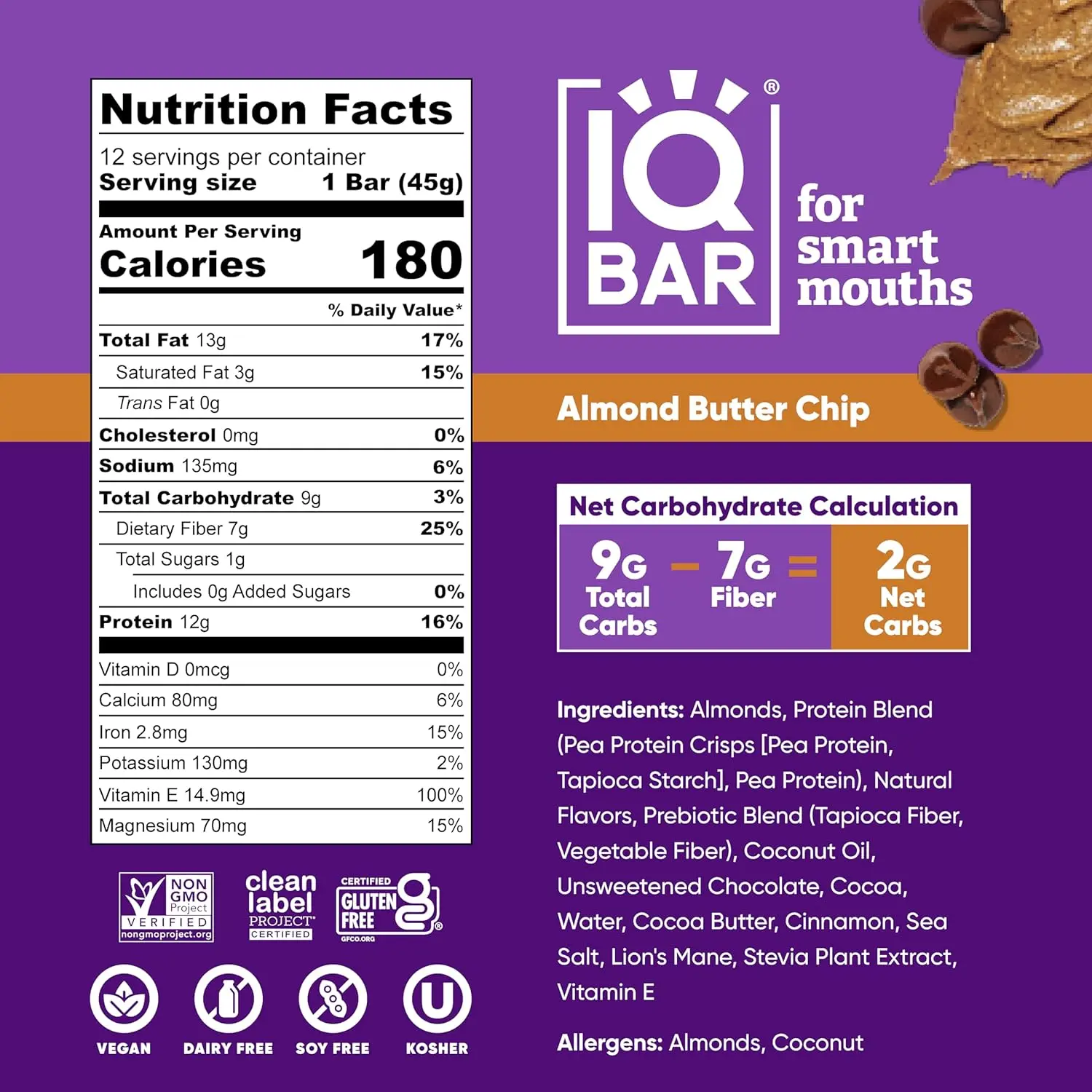 Twelve IQBAR Almond Butter Chip keto protein bars, a vegan and gluten-free snack with only 3g net carbs and brain-boosting nutrients.