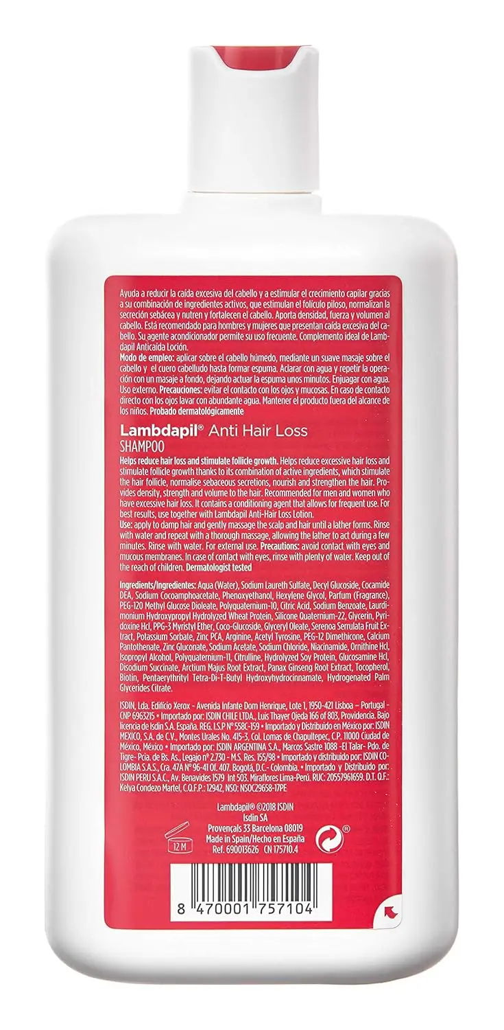 Isdin Lambdapil anti-hair loss shampoo with Serenos repens and Trichogen, helps stimulate follicle growth and provides density for men and women.