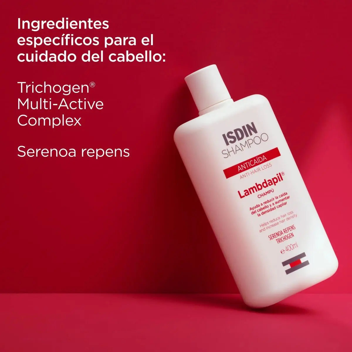 Isdin Lambdapil shampoo helps reduce hair loss and stimulate follicle growth for denser, stronger, and more voluminous hair in both men and women.