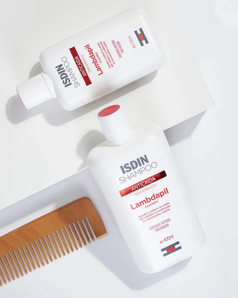 Isdin Lambdapil shampoo helps reduce hair loss and stimulate follicle growth for denser, stronger, and more voluminous hair in both men and women.