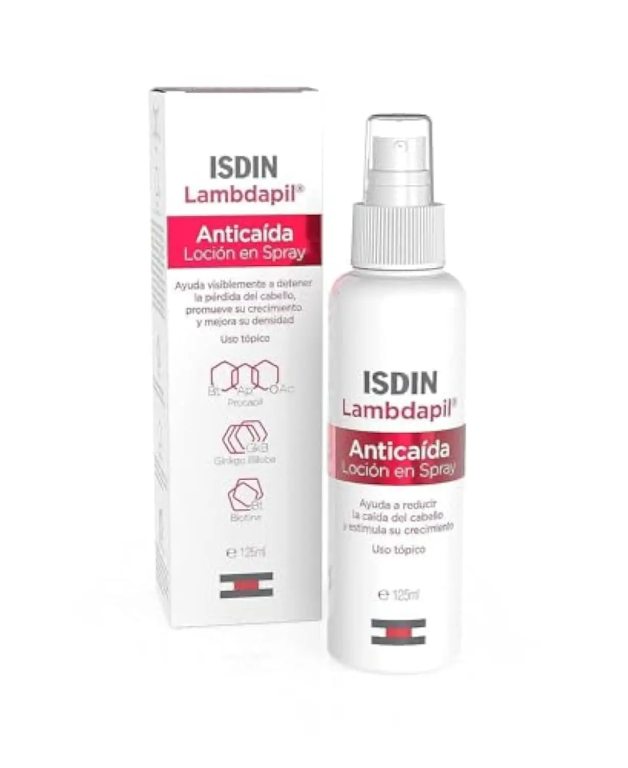 Bottle of Isdin Lambdapil anti-hair loss spray, a safe, daily-use formula with high-quality ingredients and free from harmful chemicals in a 125ml size.