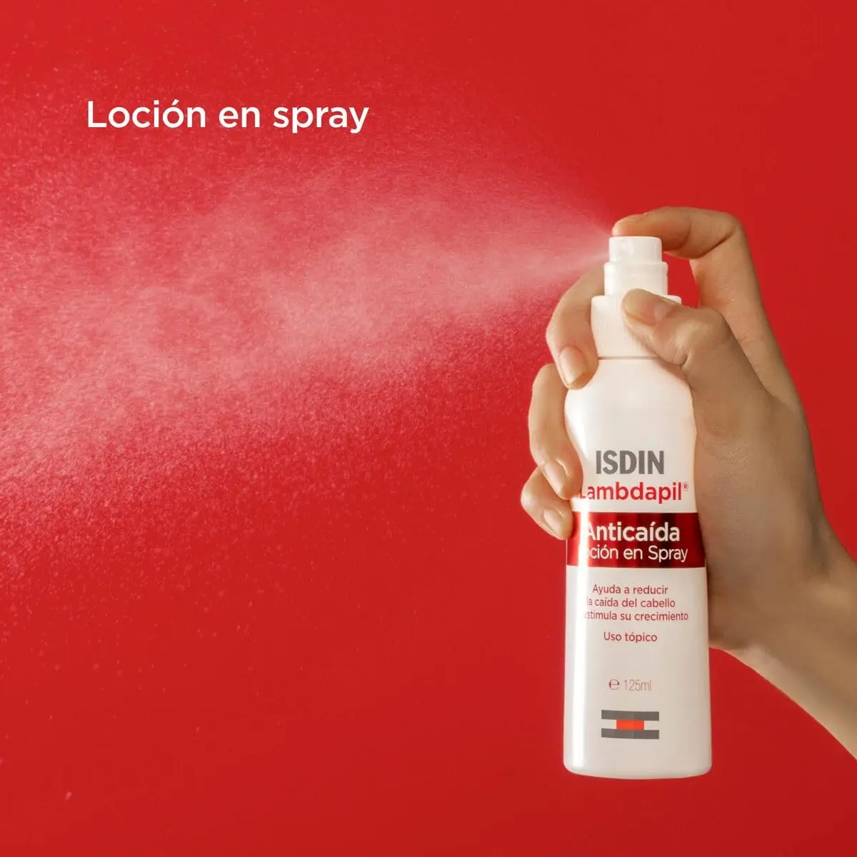 Bottle of Isdin Lambdapil anti-hair loss spray, a safe, daily-use formula with high-quality ingredients and free from harmful chemicals in a 125ml size.