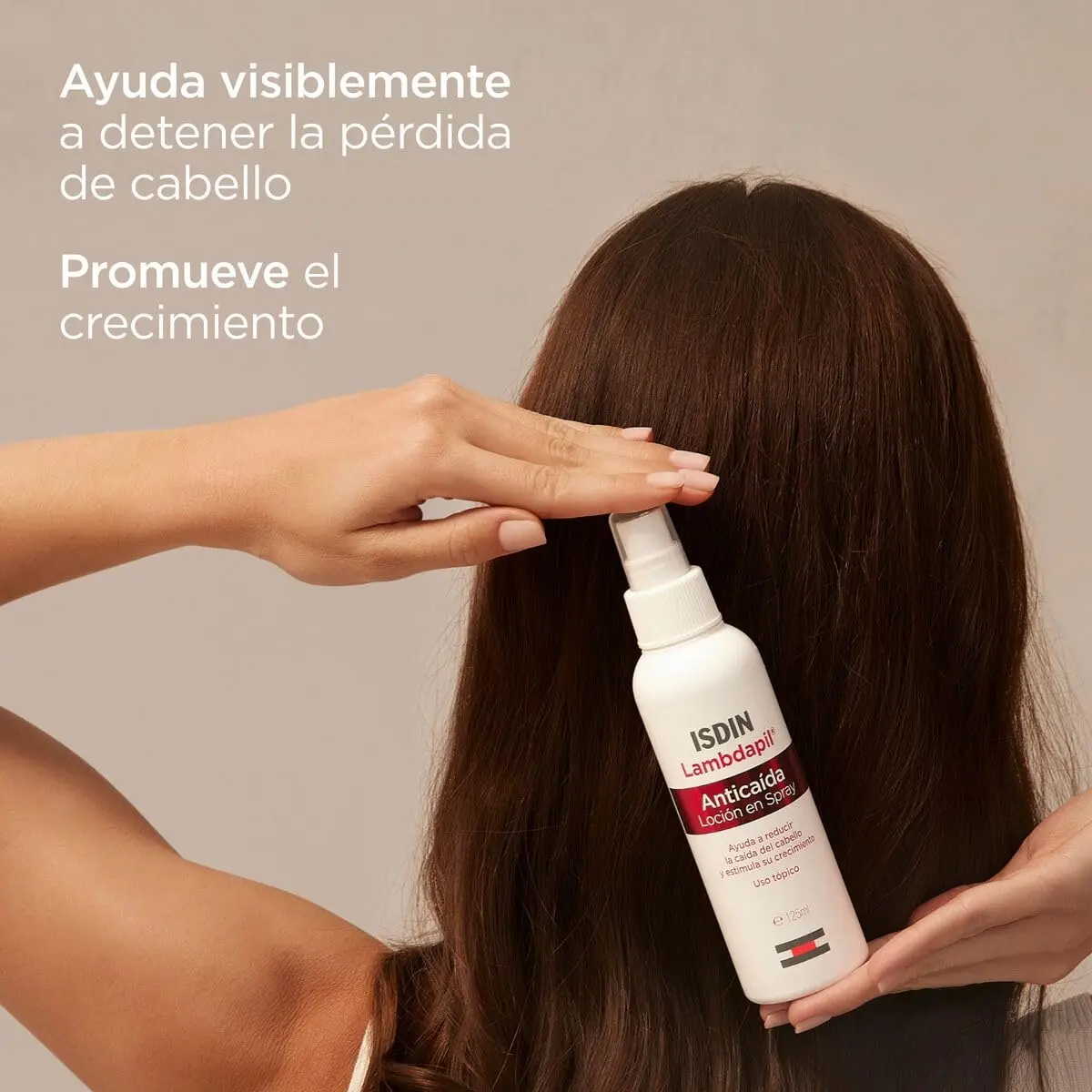 Bottle of Isdin Lambdapil anti-hair loss spray, a safe, daily-use formula with high-quality ingredients and free from harmful chemicals in a 125ml size.