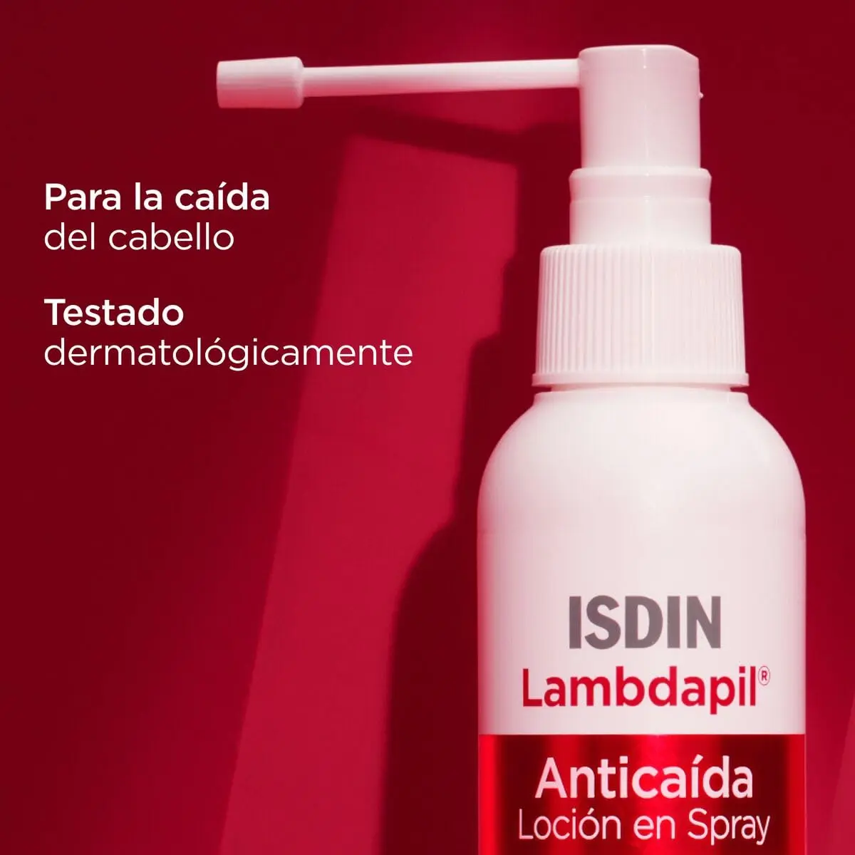 Bottle of Isdin Lambdapil anti-hair loss spray, a safe, daily-use formula with high-quality ingredients and free from harmful chemicals in a 125ml size.