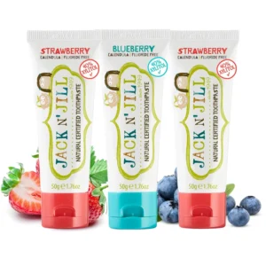 Three tubes of Jack N' Jill natural, fluoride-free baby toothpaste in strawberry and blueberry flavors, made with xylitol and organic fruit, designed to encourage kids to brush.