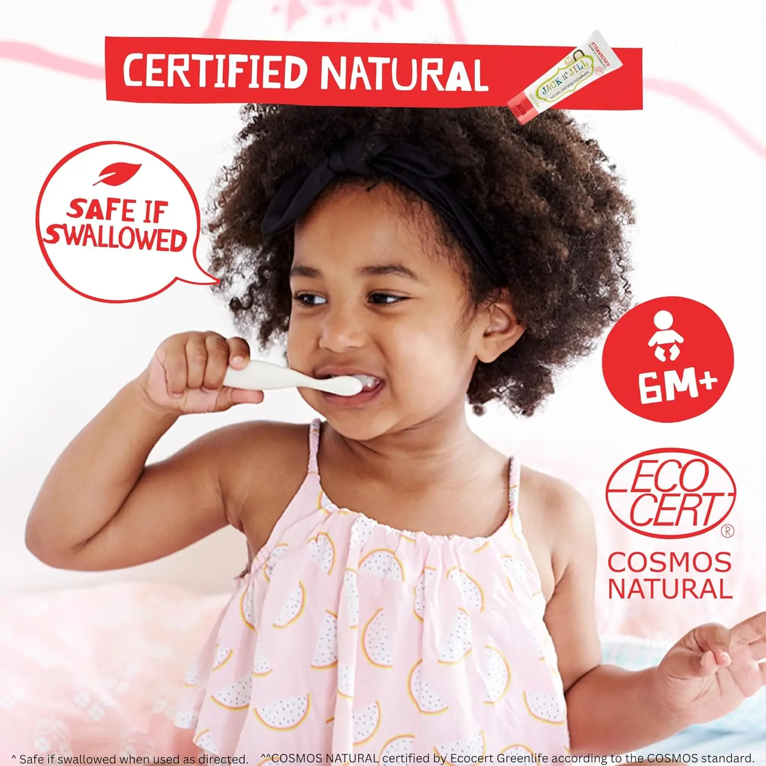 Three tubes of Jack N' Jill natural, fluoride-free baby toothpaste in strawberry and blueberry flavors, made with xylitol and organic fruit, designed to encourage kids to brush.