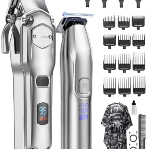 This Jack & Rose hair clipper and trimmer set includes a cordless clipper, T-blade trimmer, guide combs, and accessories for professional haircuts at home.