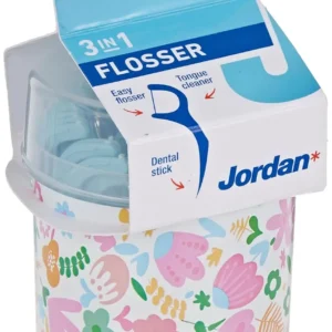 This image shows the Jordan 3-in-1 Flosser box, a simple and convenient floss and stick that makes it easy to floss every day.