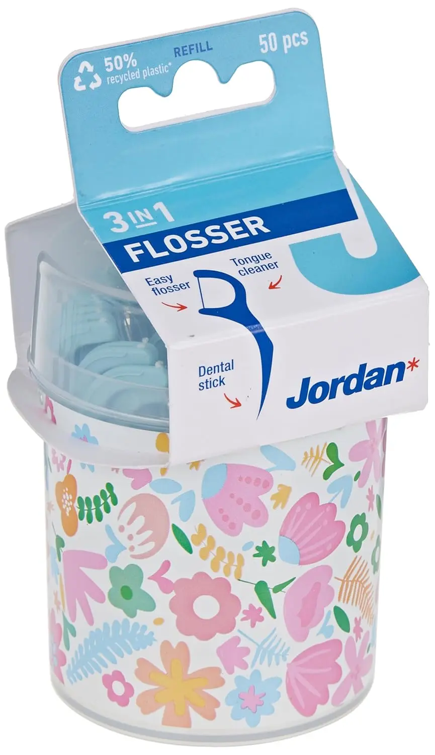 This image shows the Jordan 3-in-1 Flosser box, a simple and convenient floss and stick that makes it easy to floss every day.