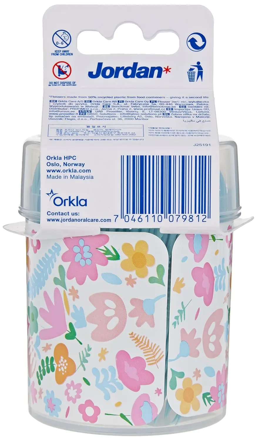 This image shows the Jordan 3-in-1 Flosser box, a simple and convenient floss and stick that makes it easy to floss every day.