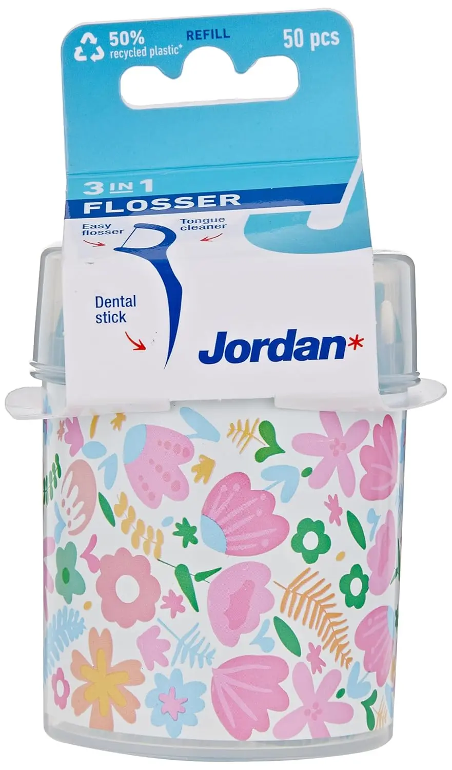 This image shows the Jordan 3-in-1 Flosser box, a simple and convenient floss and stick that makes it easy to floss every day.