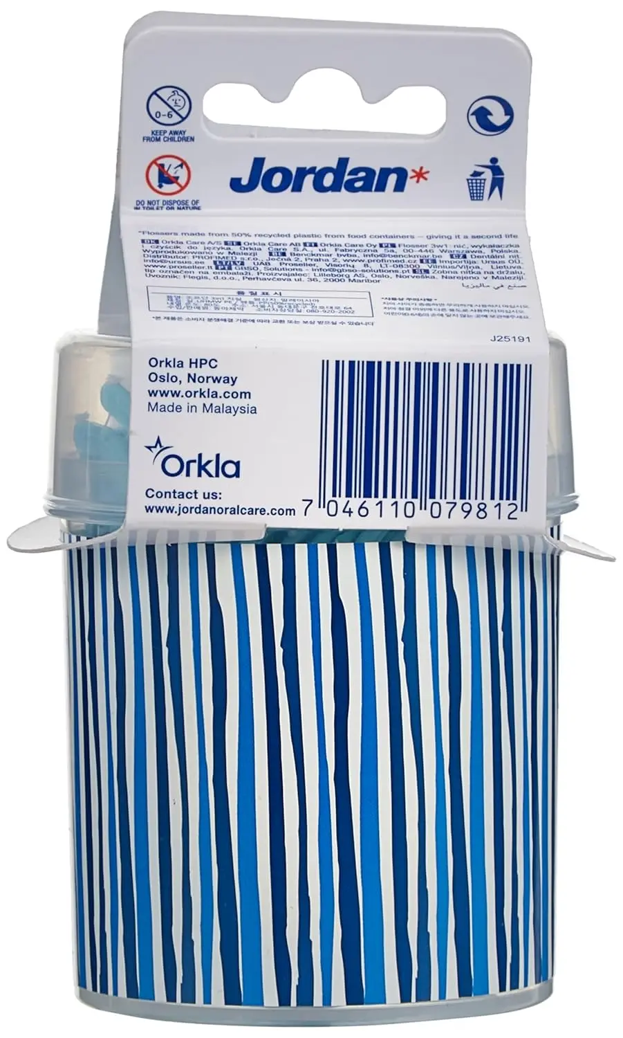 This image shows the Jordan 3-in-1 Flosser box, a simple and convenient floss and stick that makes it easy to floss every day.