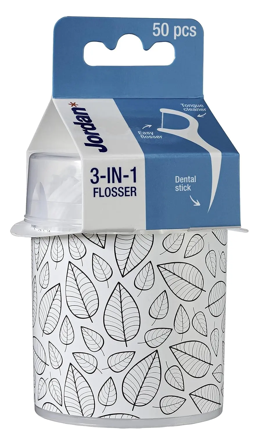 This image shows the Jordan 3-in-1 Flosser box, a simple and convenient floss and stick that makes it easy to floss every day.