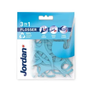 Jordan 3-in-1 dental flossers with toothpick and tongue scraper, made with 50% recycled plastic, effectively remove plaque for a fresh, beautiful smile.