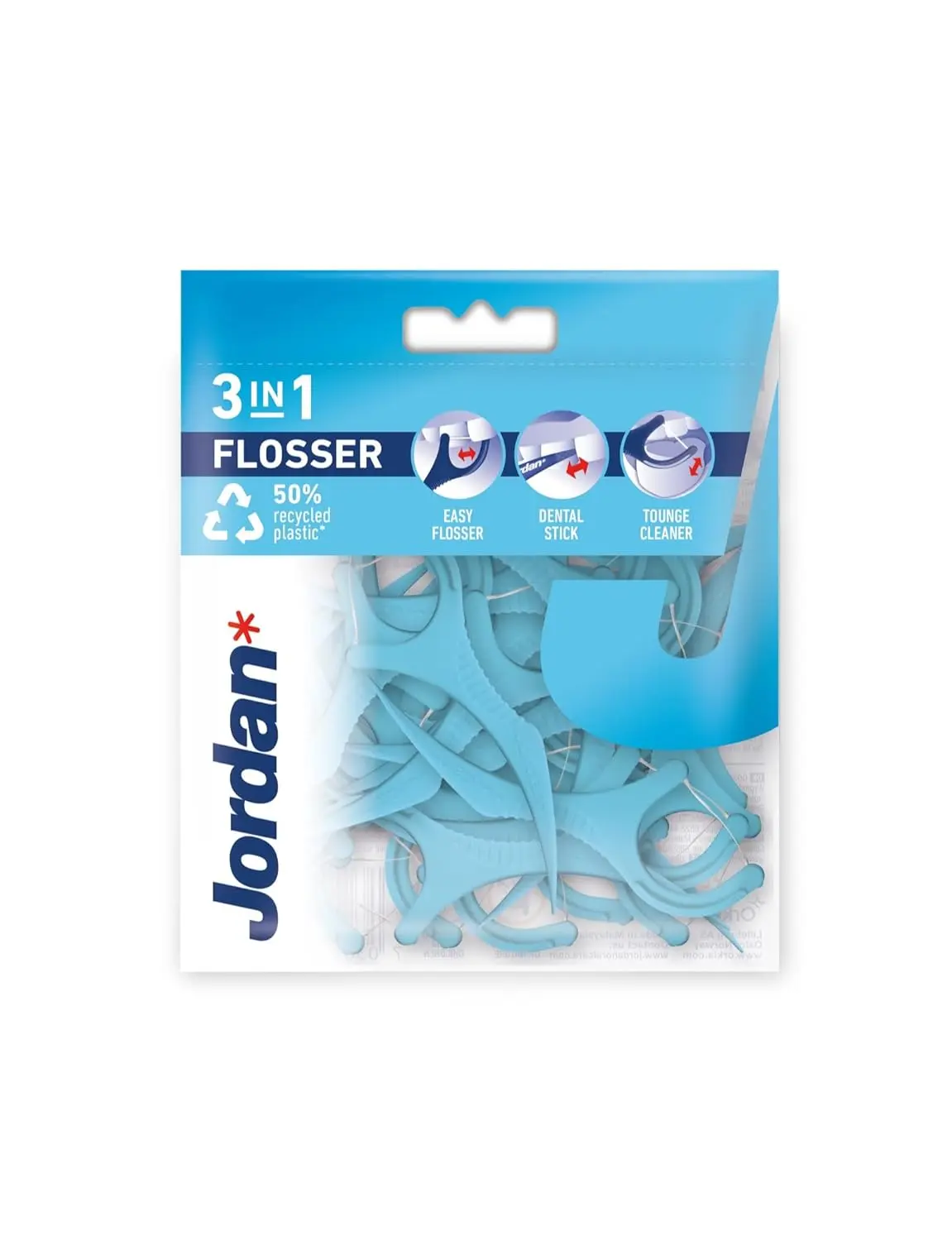 Jordan 3-in-1 dental flossers with toothpick and tongue scraper, made with 50% recycled plastic, effectively remove plaque for a fresh, beautiful smile.