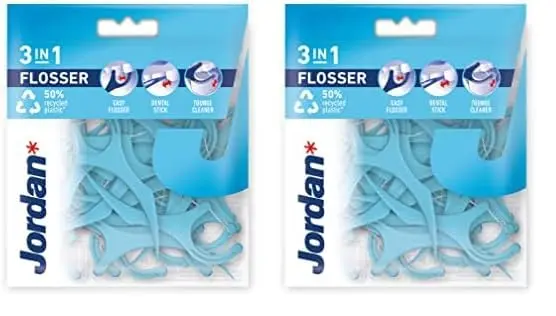Jordan 3-in-1 dental flossers with toothpick and tongue scraper, made with 50% recycled plastic, effectively remove plaque for a fresh, beautiful smile.