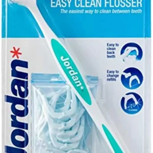 Jordan Easy Clean Flosser with assorted color handle and floss refills, designed to gently slide floss between teeth and easily clean back teeth with easy to change refills.