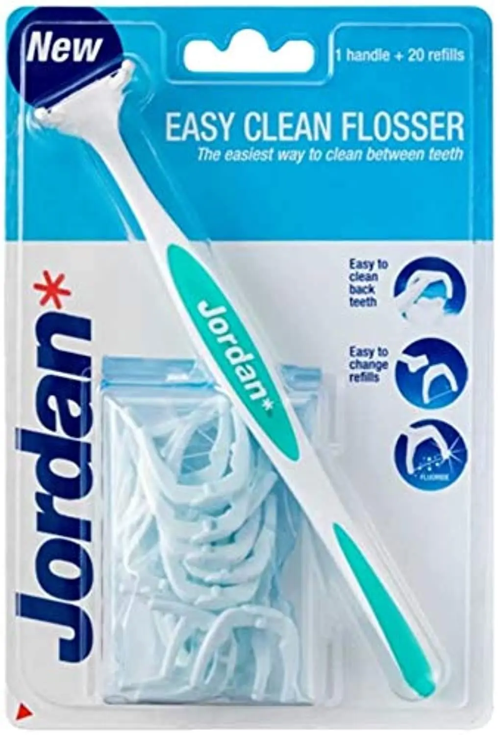 Jordan Easy Clean Flosser with assorted color handle and floss refills, designed to gently slide floss between teeth and easily clean back teeth with easy to change refills.