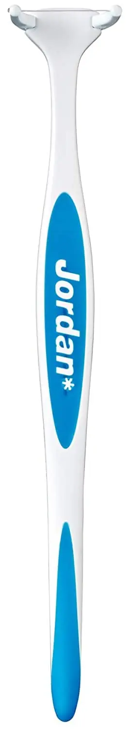 Jordan Easy Clean Flosser with assorted color handle and floss refills, designed to gently slide floss between teeth and easily clean back teeth with easy to change refills.