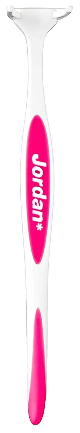 Jordan Easy Clean Flosser with assorted color handle and floss refills, designed to gently slide floss between teeth and easily clean back teeth with easy to change refills.