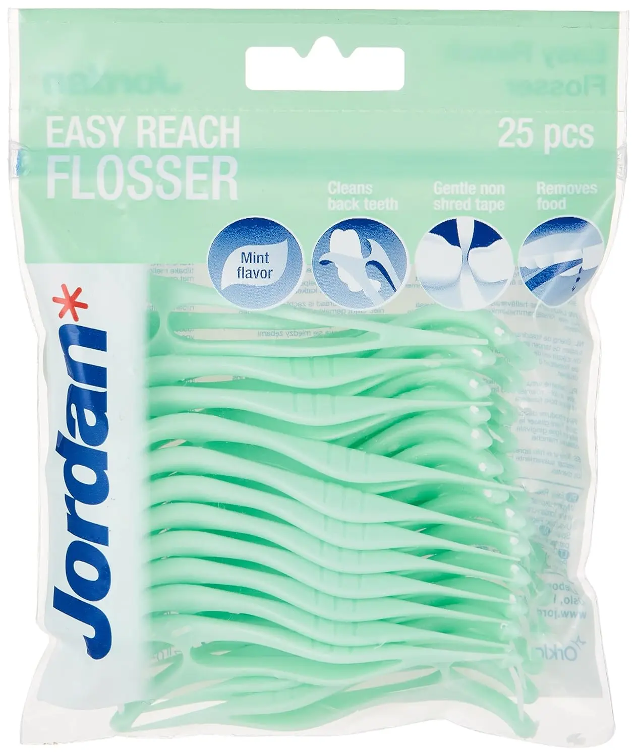 This image shows Jordan Easy Reach Flossers in Cool Mint, providing cavity protection, gum care and fresh breath, with 25 flossers per pack.