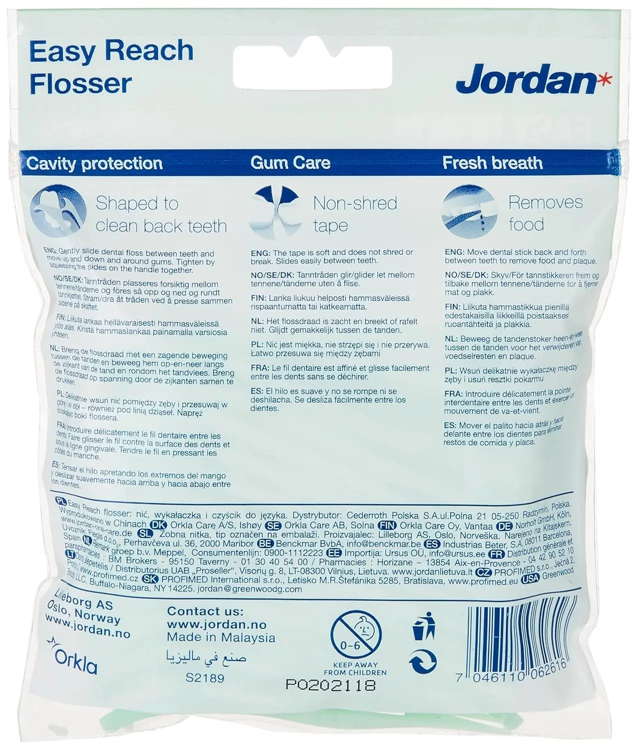 This image shows Jordan Easy Reach Flossers in Cool Mint, providing cavity protection, gum care and fresh breath, with 25 flossers per pack.