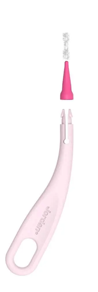 This is a pack of Jordan Brush Between interdental brushes, size extra small 0.4mm, featuring refillable heads, an ergonomic handle, and a travel case for cleaning between teeth.