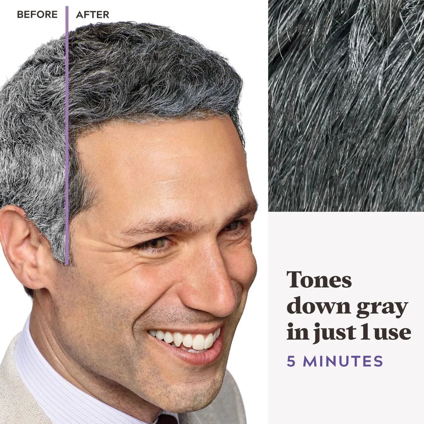 Just For Men Touch of Gray hair color gradually blends away some gray hairs, creating a natural salt and pepper look in just 5 minutes.