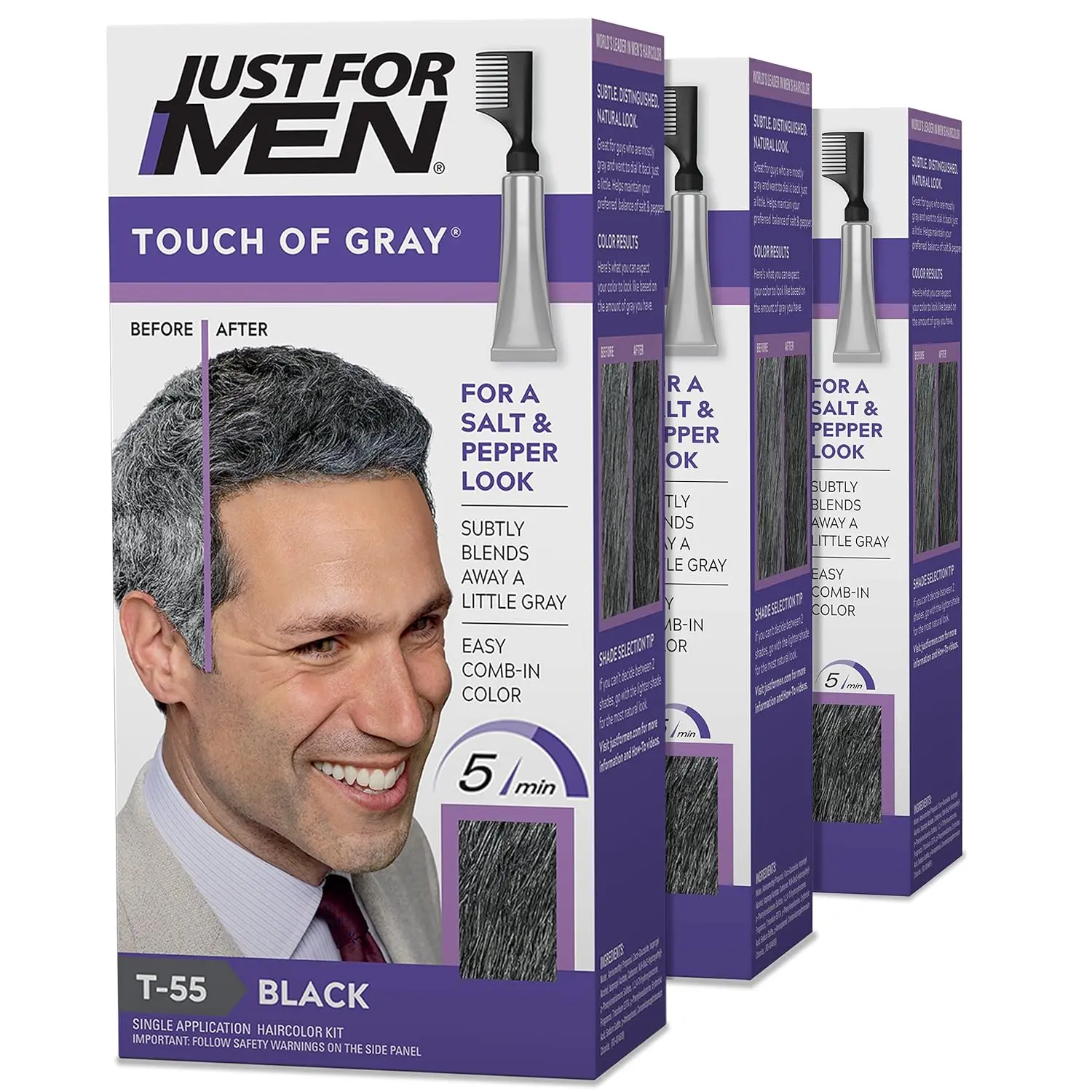 Just For Men Touch of Gray hair color gradually blends away some gray hairs, creating a natural salt and pepper look in just 5 minutes.